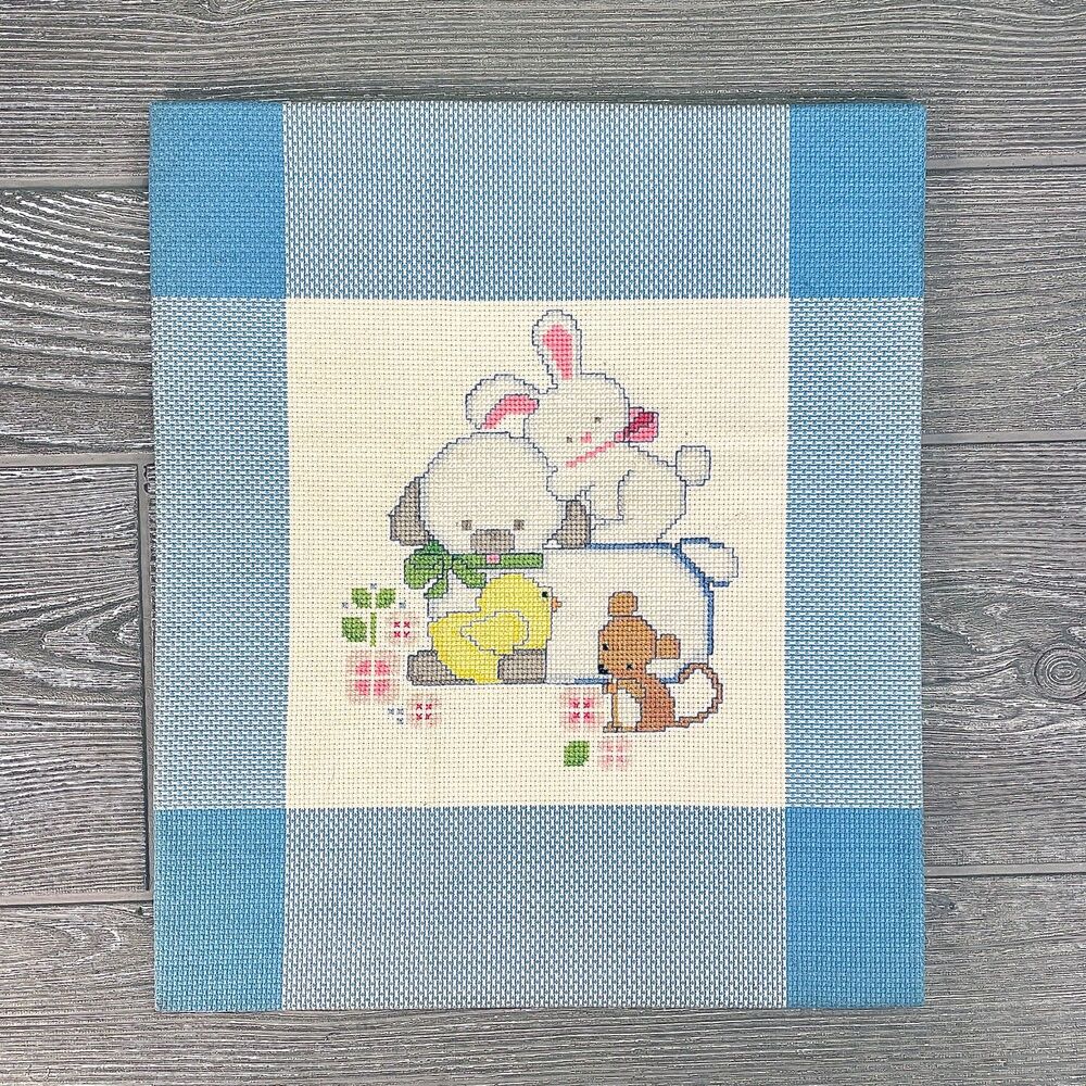 Vintage Leisure Arts #320 Cross Stitch Matted Artwork Sheep Bunny Chick & Mouse